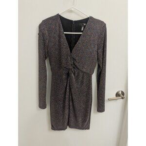 Metallic Glitter Twist Front Long Sleeve Plunge Dress XS